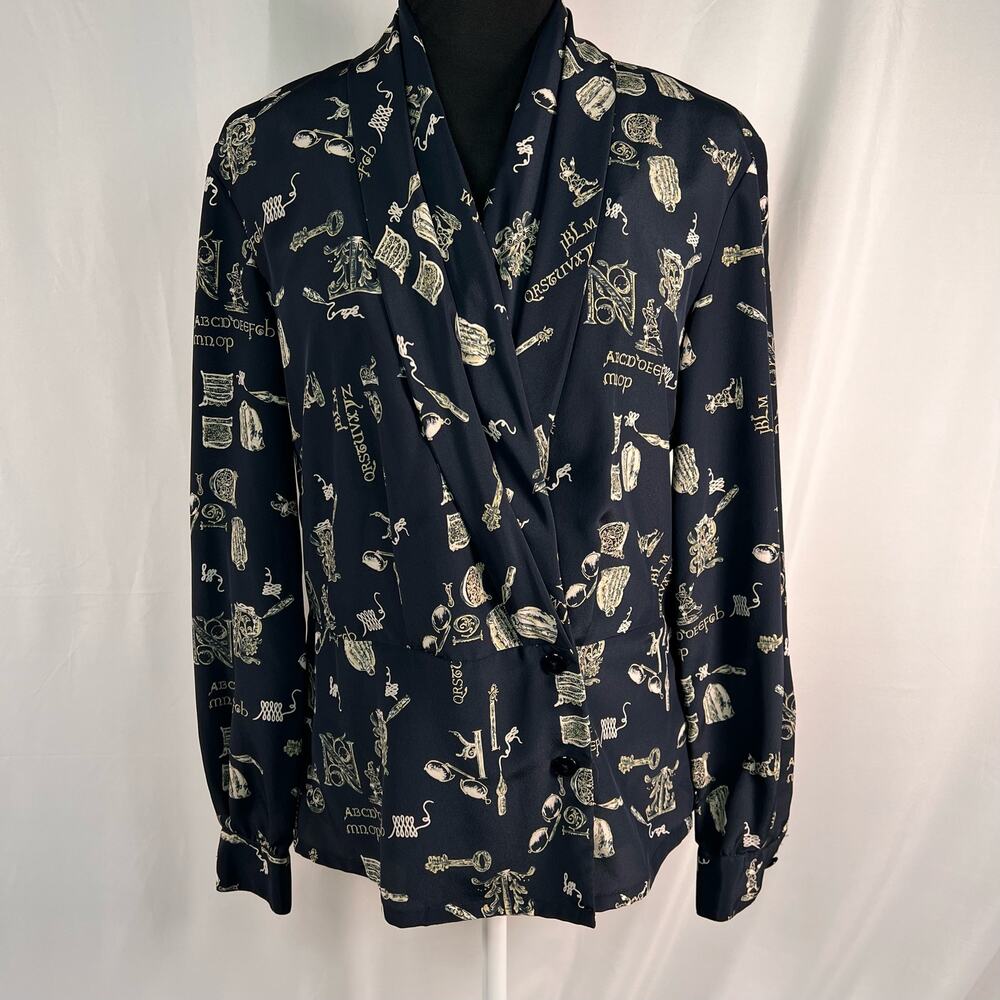 Liz Claiborne Navy Blouse with Cream Script & Motif Print